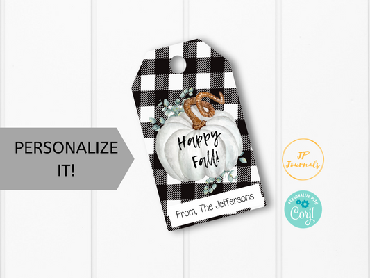 Printable Fall Treat Tags - Happy Fall Gift Favor Labels - Personalized - Black Buffalo Plaid and White Pumpkin - Autumn Harvest
