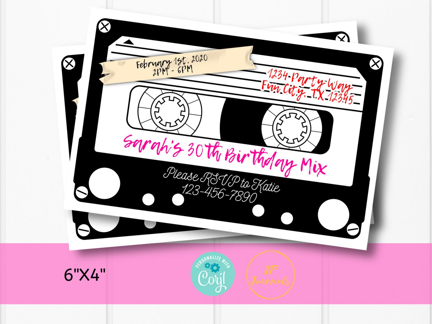Cassette Tape Themed 80s 90s Birthday Party Invitation Template