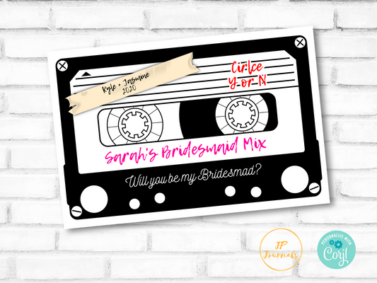 90s Themed Printable Bridesmaid Proposal Card - Vintage Cassette Tape