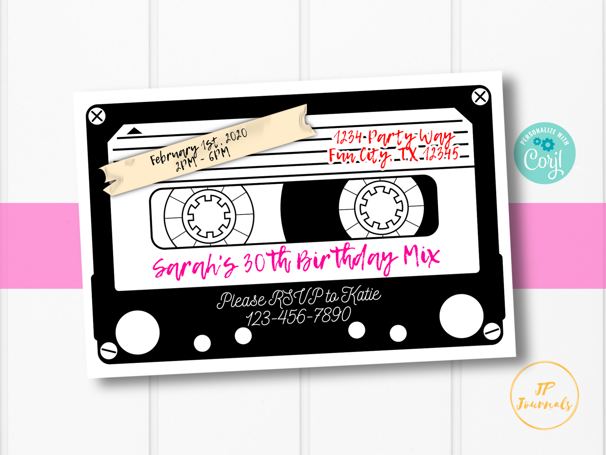 Cassette Tape Themed 80s 90s Birthday Party Invitation Template