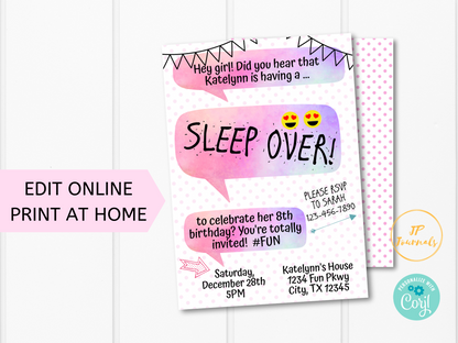 Sleep Over Invitation for Girls - Printable Slumber Party Invite - Chat Text Teen Tween
