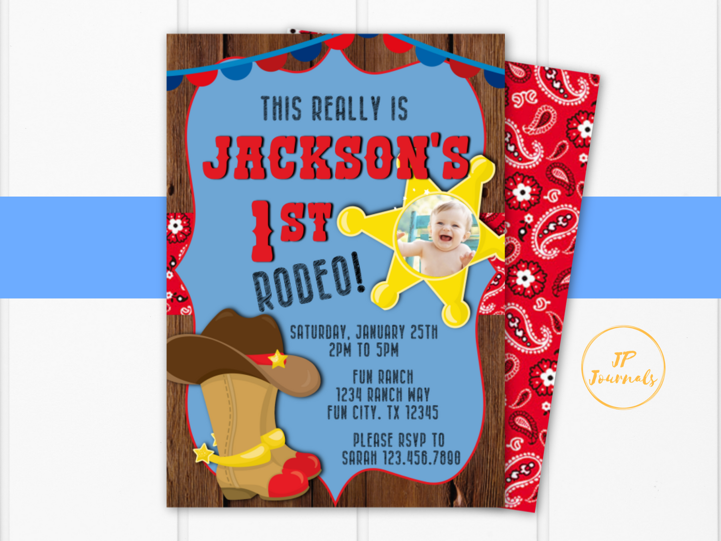 Printable First Rodeo Birthday Party Invitation - Add a Photo! - Edited For You - Cowboy Western 1st Birthday Party for Boys