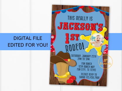 Printable First Rodeo Birthday Party Invitation - Add a Photo! - Edited For You - Cowboy Western 1st Birthday Party for Boys