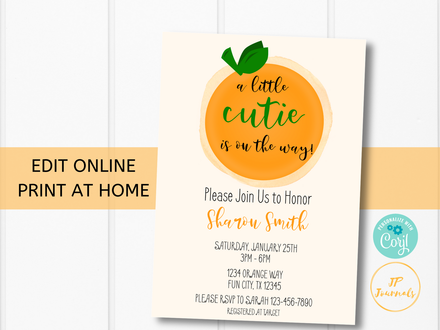 Mandarin Orange Cutie Baby Shower Invitation Template - Edit & Print - Printable Invite - A Little Cutie Is On The Way