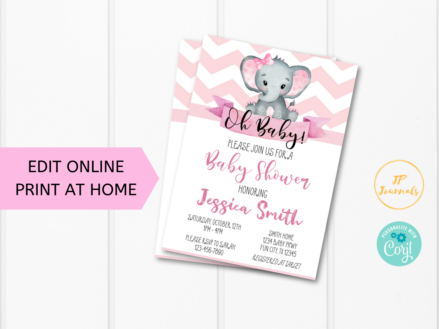 Pink Elephant Baby Shower Invitation Template