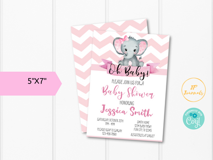 Pink Elephant Baby Shower Invitation Template