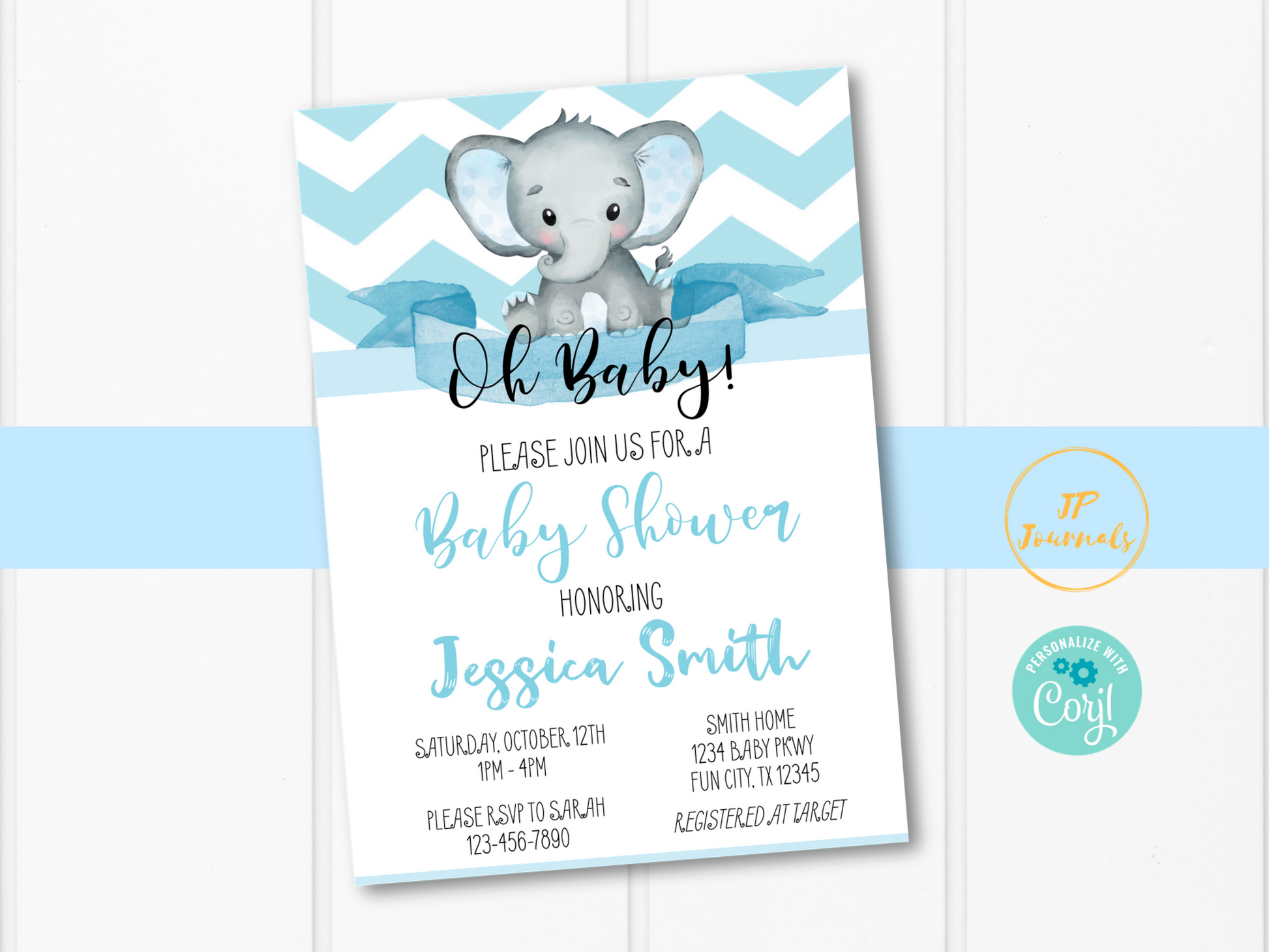 Light Blue Elephant Baby Shower Invitation Template