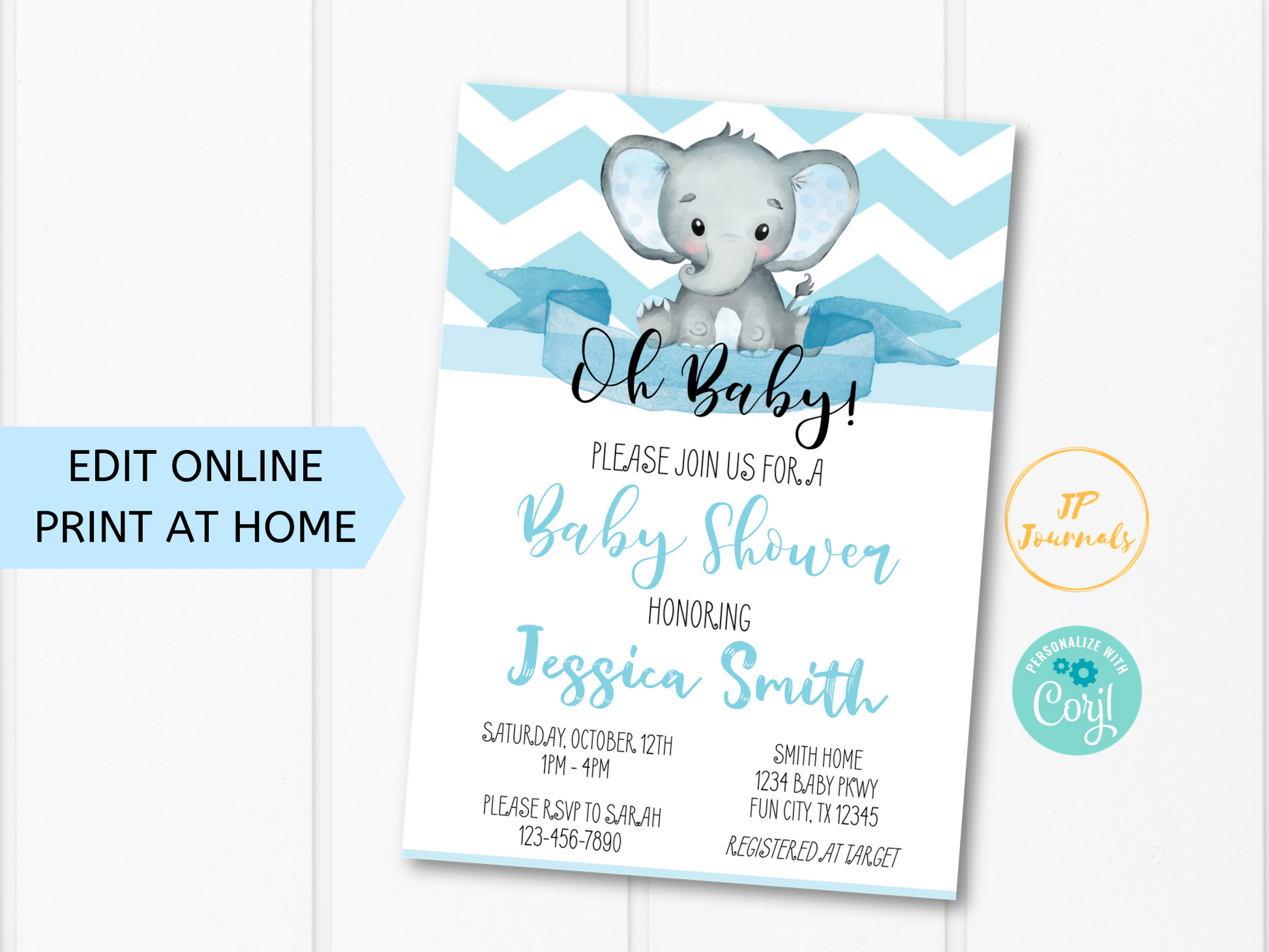 Light Blue Elephant Baby Shower Invitation Template