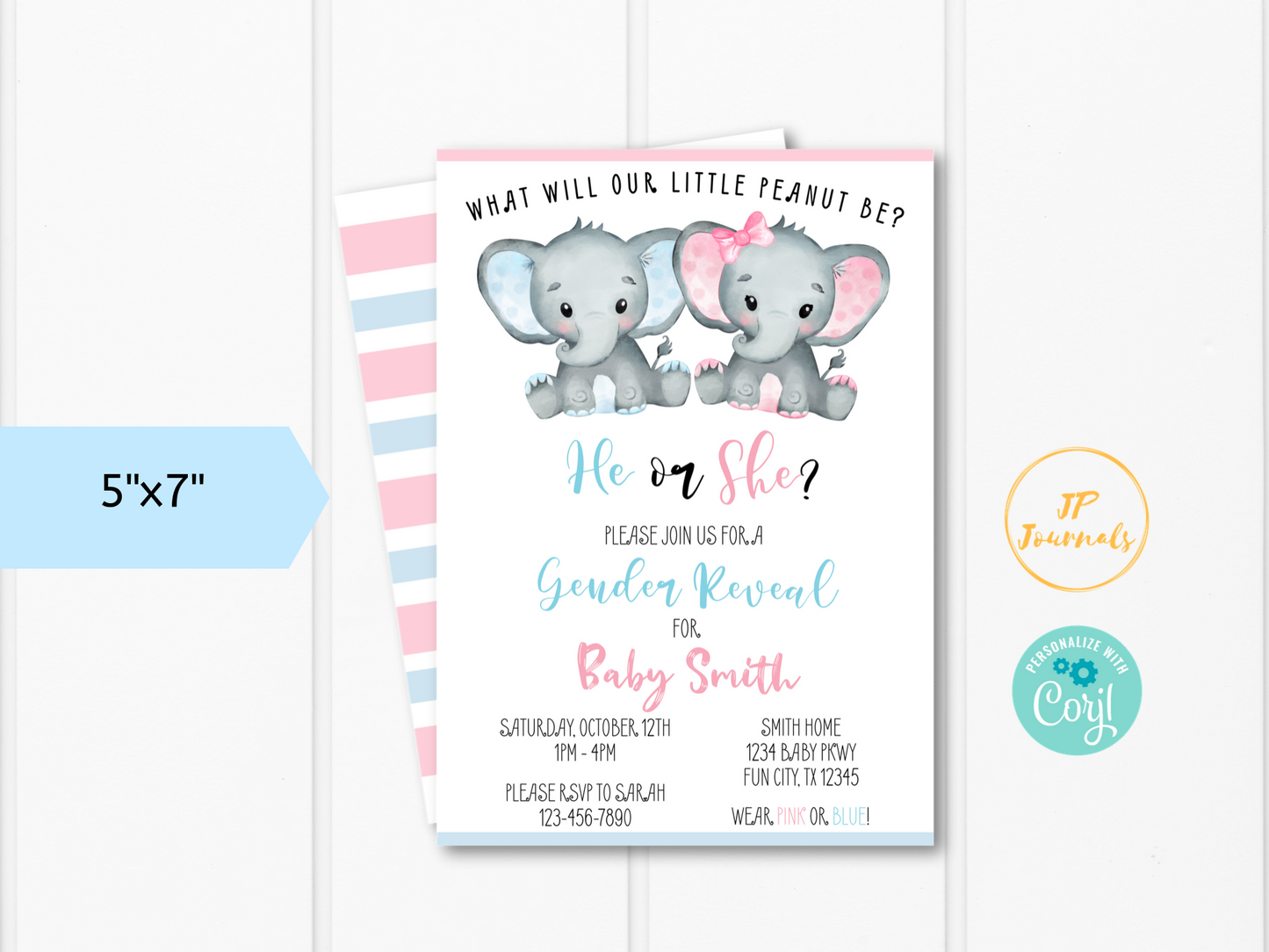 Elephant Gender Reveal Party Invitation Template - Pink and Blue