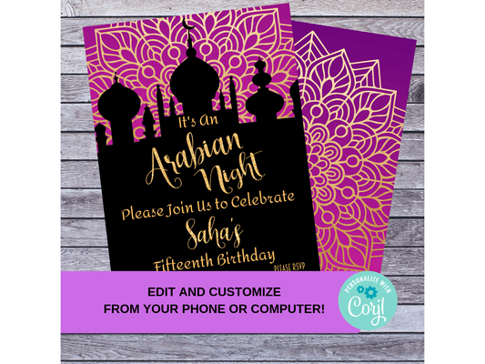 Purple and Gold Arabian Night Birthday Party Invitation