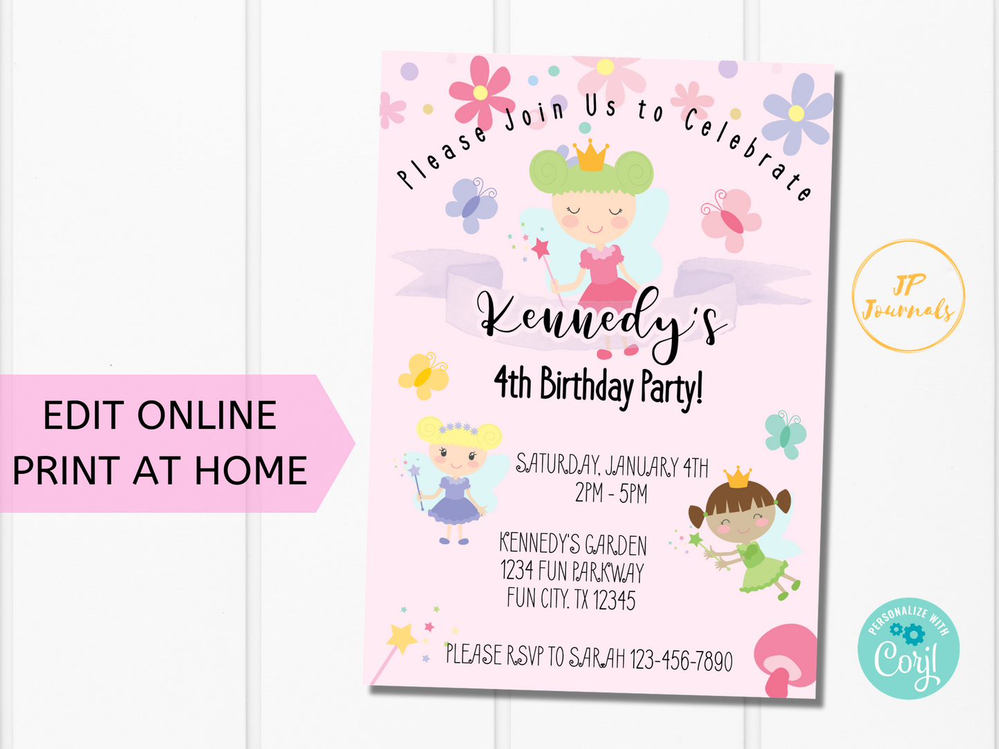 Printable Garden Fairy Birthday Party Invitation Template - Edit Online Print at Home - Fairies and Butterflies Birthday Invite for Girls