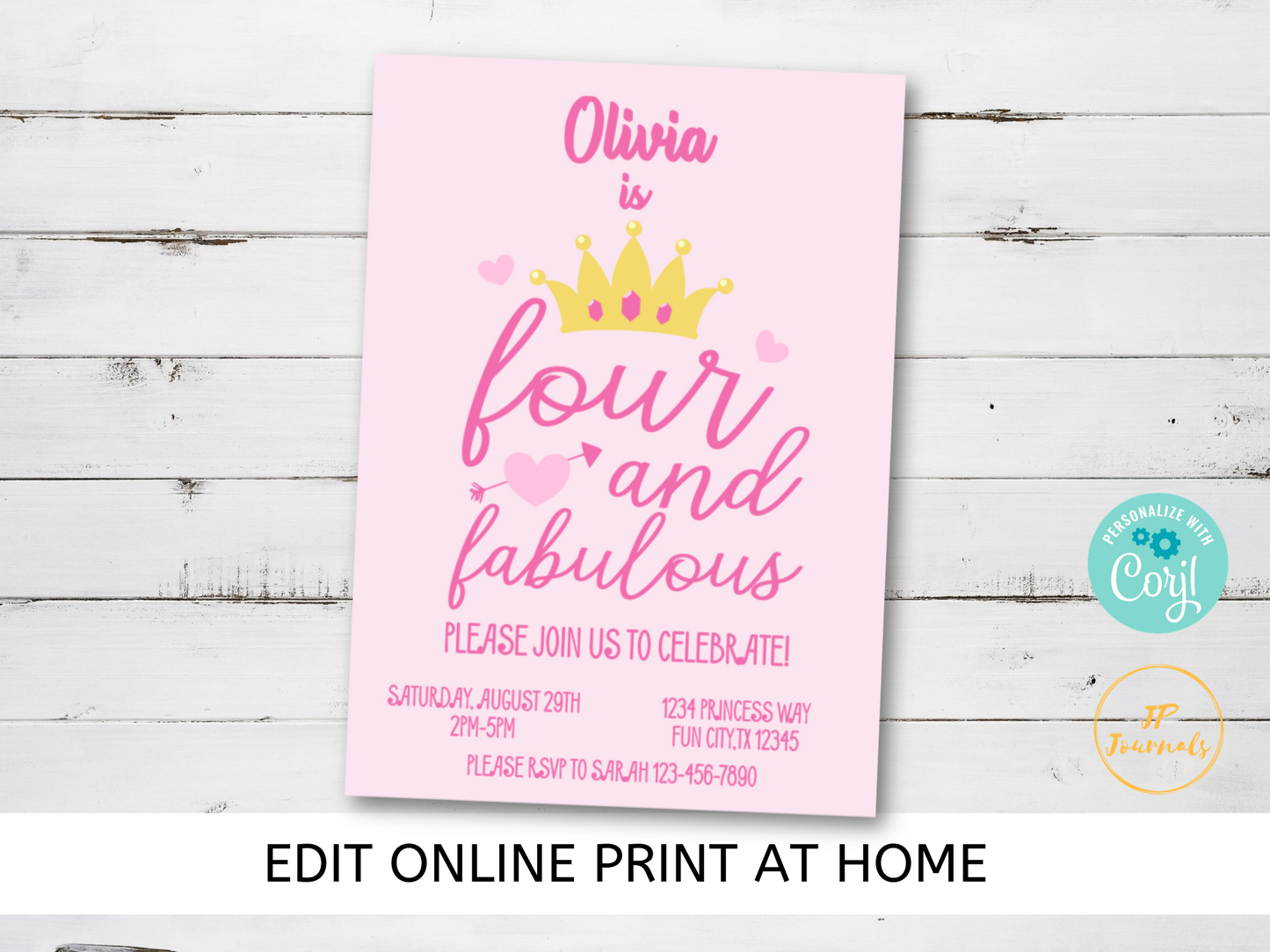 Four and Fabulous Birthday Party Girl Invitation - DIY Edit Printable Invite - Download and Print! 4th Birthday Princess