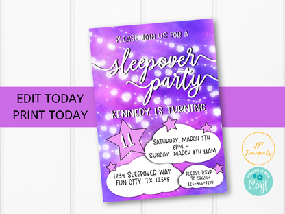 Sleepover Slumber Party Birthday Party Invitation Template - Edit Online Print at Home - Tween Girl - Printable Party Invite - Pink Galaxy