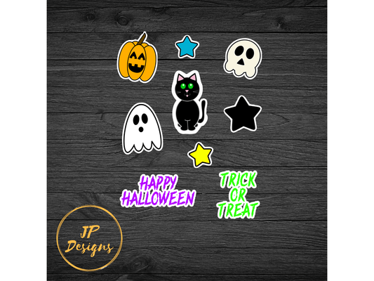 Halloween Sticker Set, Cute Halloween Stickers, Happy Halloween, Trick or Treat, Ghost, Jack O Lantern, Black Cat, Skull