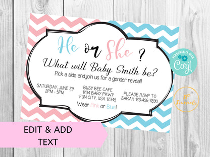 Pink and Blue Chevron Gender Reveal Party Invitation - DIY Edit Printable Invite - Download and Print! He or She What Will Baby Be?