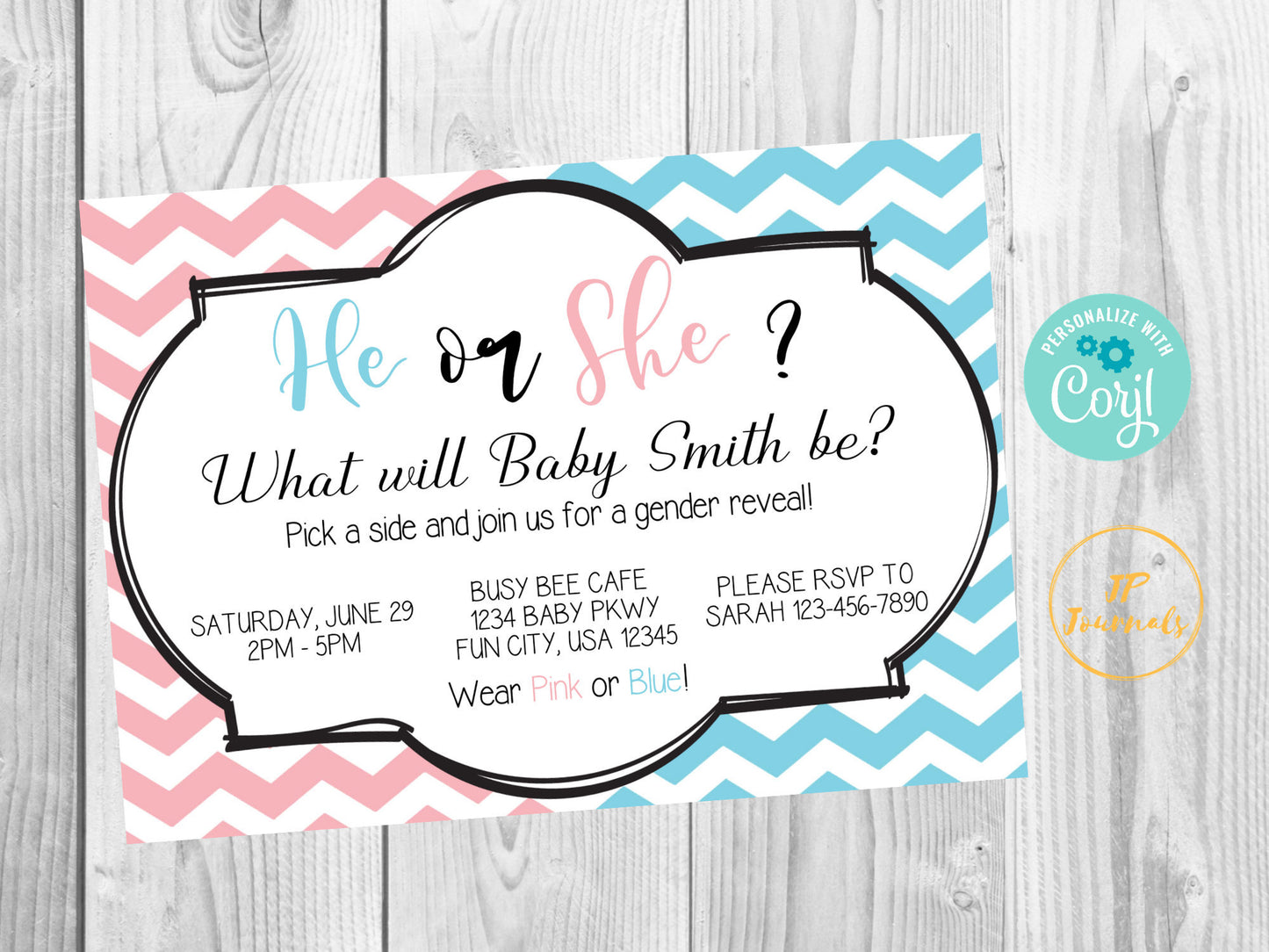 Pink and Blue Chevron Gender Reveal Party Invitation - DIY Edit Printable Invite - Download and Print! He or She What Will Baby Be?