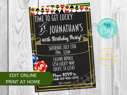 Casino Poker Themed Birthday Party Invitation - DIY Edit Printable Invite