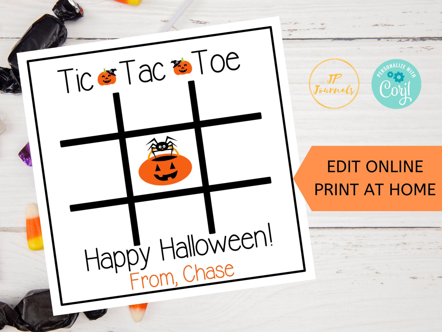 Personalized Halloween Tic Tac Toe Game Card - Printable Halloween Party Favor 