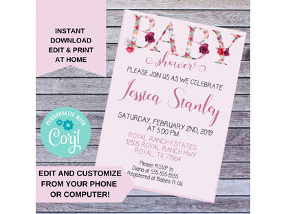 Pretty Floral Pink Baby Shower Invitation DIY Edit Customize Printable Invite Download, Edit and Print at Home! Pink Mauve Mint Garden Party