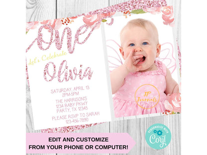 Pretty Glitter Pink and Gold Watercolor Flowers Baby Girl First Birthday Party Invitation DIY Edit and Customize Printable - Add Your Photo
