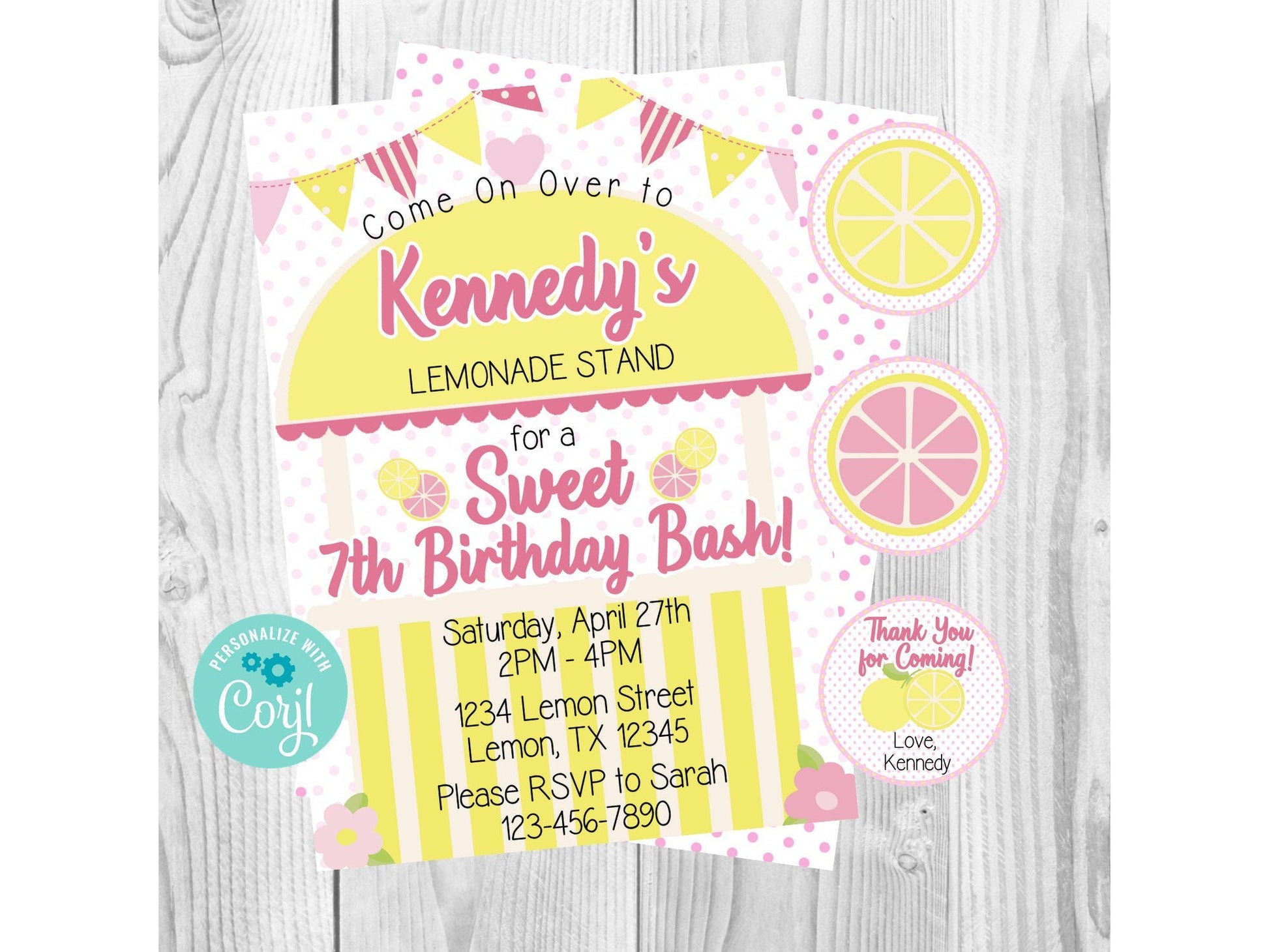 Lemonade Stand Printable Birthday Party Invitation & Favor Tags