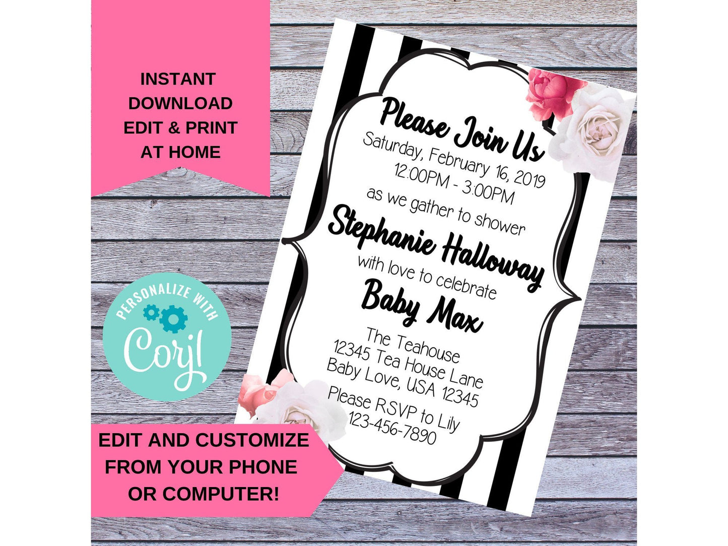 Black and White Stripes Floral Rose Accent Baby Shower Invitation