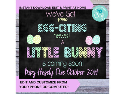 Easter Baby Pregnancy Announcement - Edit, Personalize and Print at Home - DIY Customized Cute Pastel Easter Egg Chalkboard Theme