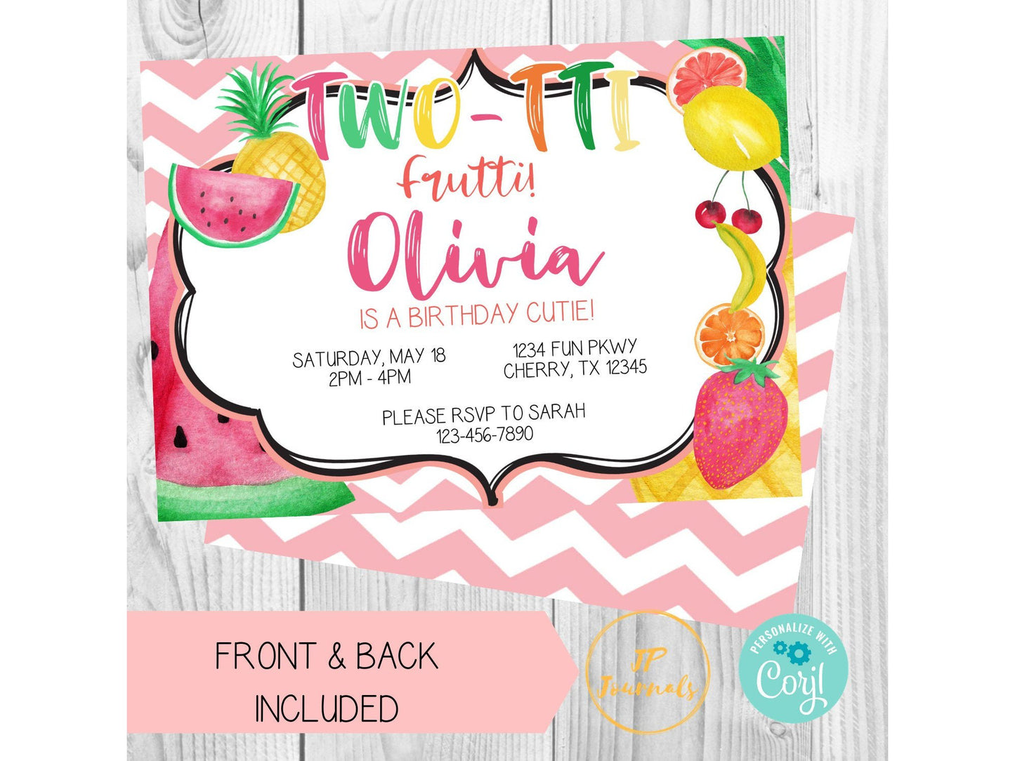 Two-tti Frutti 2nd Birthday Party Invitation - DIY Edit and Customize Printable Invite - Download & Print at Home! Watercolor Fruit Pink