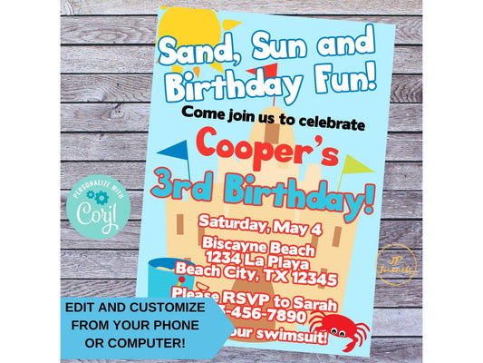 Cute Beach Themed Birthday Party Invitation for Boys and Girls Sand, Sun, Fun