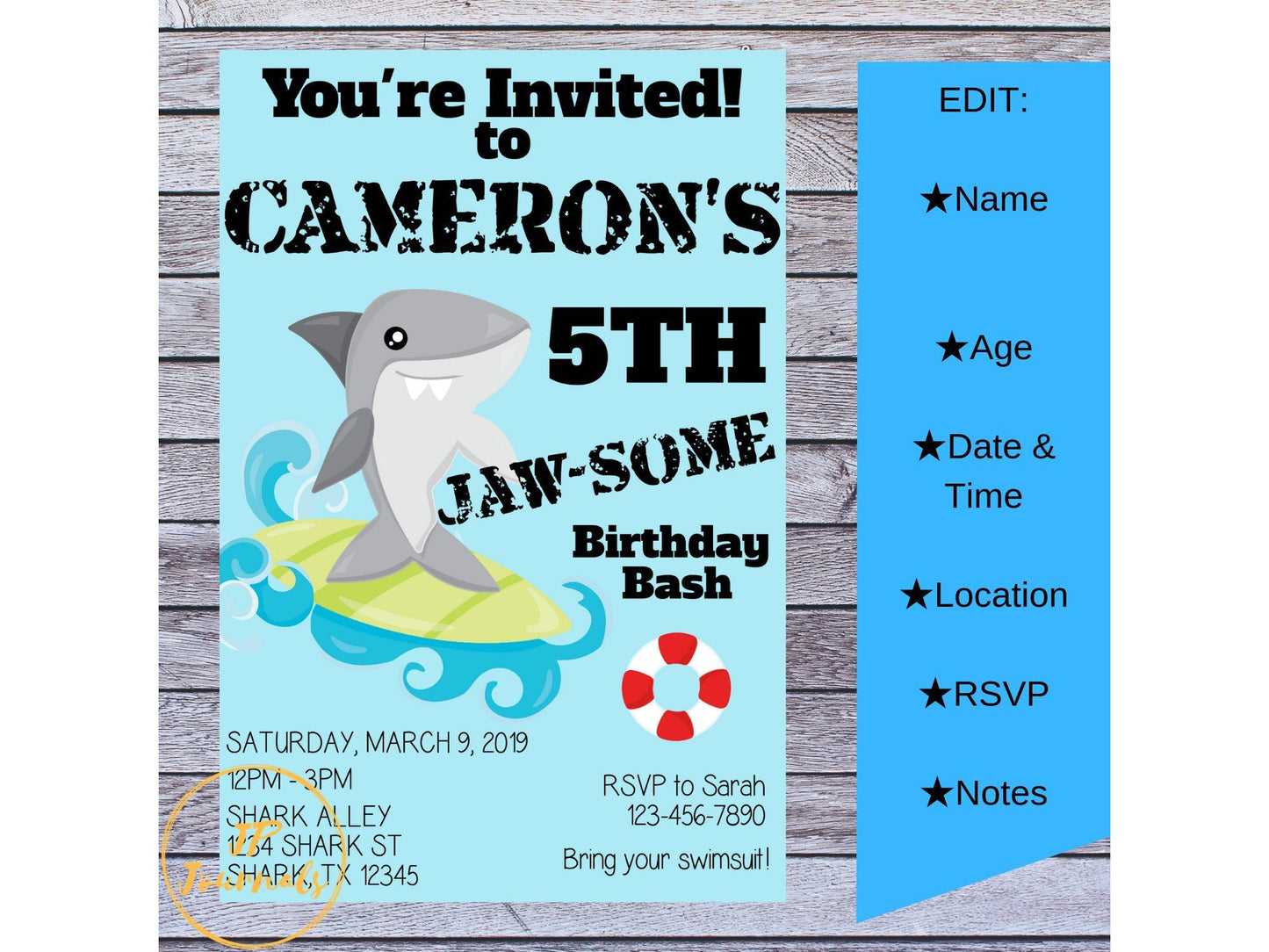 Cool Surfing Shark Jaw-Some Birthday Party Invitation Printable