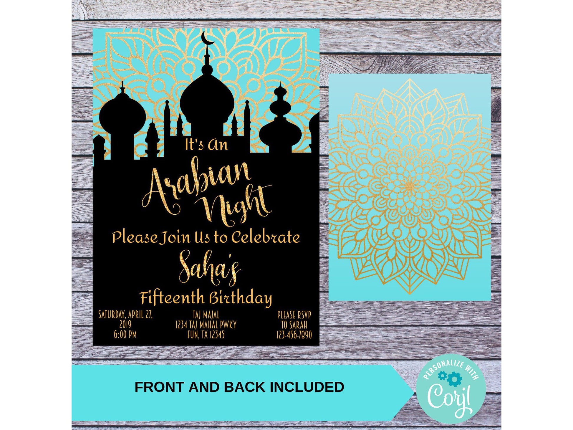 Teal and Gold Arabian Night Birthday Party Invitation 