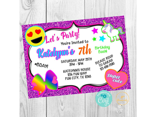 Super Cute Rainbow Bow Unicorn Heart Glitter Birthday Party Invitation Great for JoJo Siwa Party