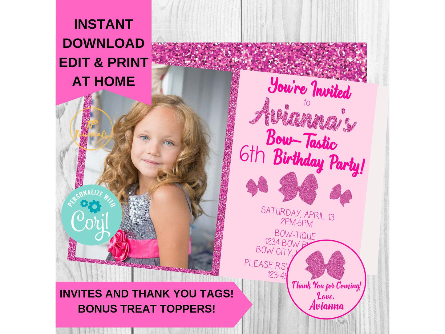 Glitter Pink Bow-Tastic Birthday Party Invitation for Girls Pretty in Pink Bows - Download, Edit, Print at Home! BONUS Favor Tags! Add Photo