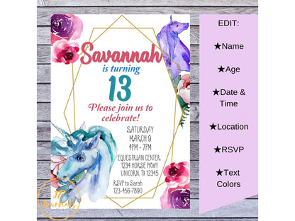 Watercolor Unicorn Horse Birthday Party Invitation for Girls - DIY Editable Customized Printable Invite - Download, Edit and Print at Home!