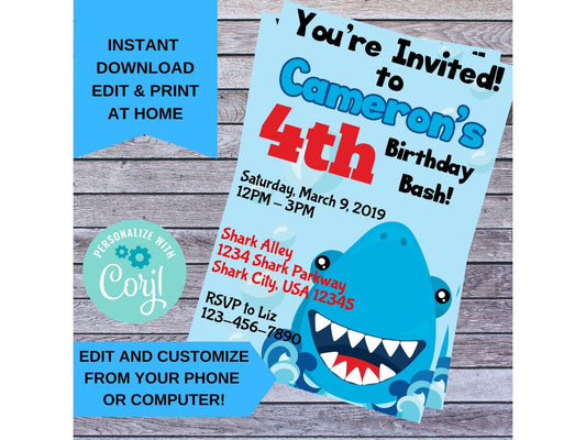 Shark Birthday Party Invitation for Boys and Girls  - DIY Edit Customize Printable Invite - Cool Cute for Kids who Love Sharks! Blue and Red