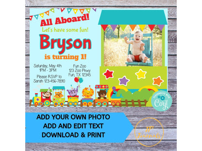 Printable Animal Zoo Train First Birthday Party Invitation - DIY Edit Customized Invite Download, Edit and Print at Home! 1st Birthday Photo
