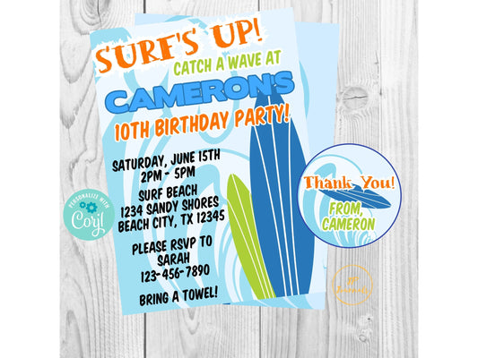 Surfing Themed Birthday Party Invitation - DIY Edit Printable Invite - Download and Print! Surf's Up, Catch a Wave, Surfboard Boy