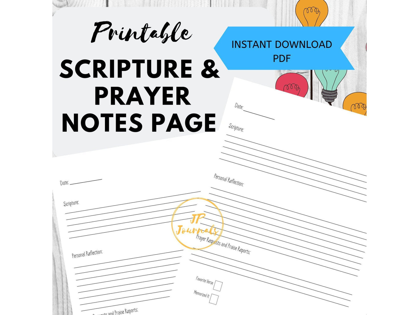 Scripture and Prayer Notes Printable PDF Page - Record Scripture, Personal Reflection, Prayer Requests and Praise Reports - DIY Devotional