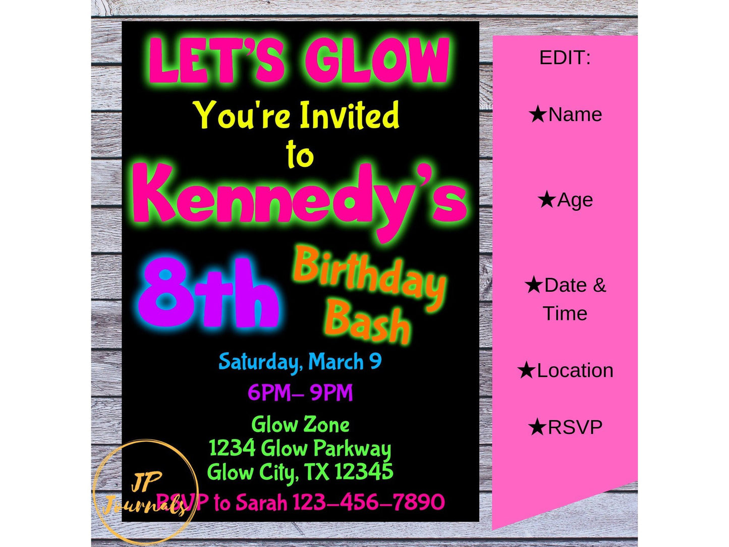 Neon Glow Birthday Party Invitation for Girls