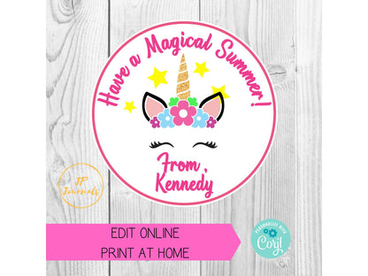 Unicorn Have a Magical Summer - Custom End of School Year Printable Gift Tags - Personalized DIY Print at Home - Cute Easy Party Favor Label