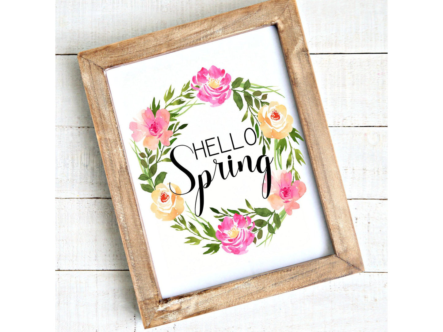 Hello Spring - Printable Spring Themed Watercolor Floral Wreath Digital Art