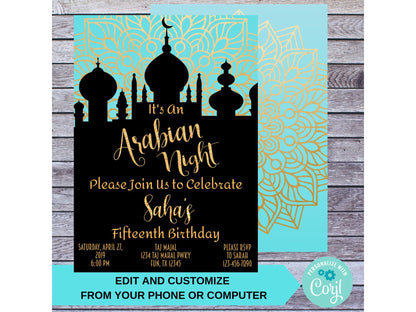 Teal and Gold Arabian Night Birthday Party Invitation 