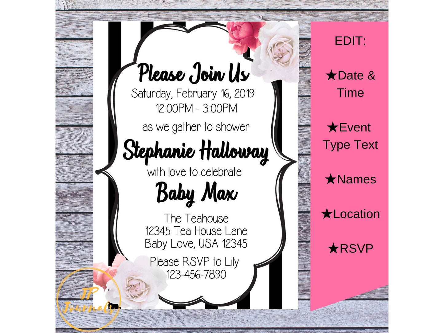 Black and White Stripes Floral Rose Accent Baby Shower Invitation