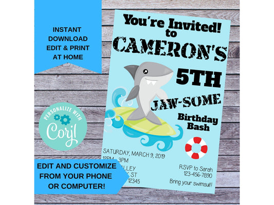 Cool Surfing Shark Jaw-Some Birthday Party Invitation Printable