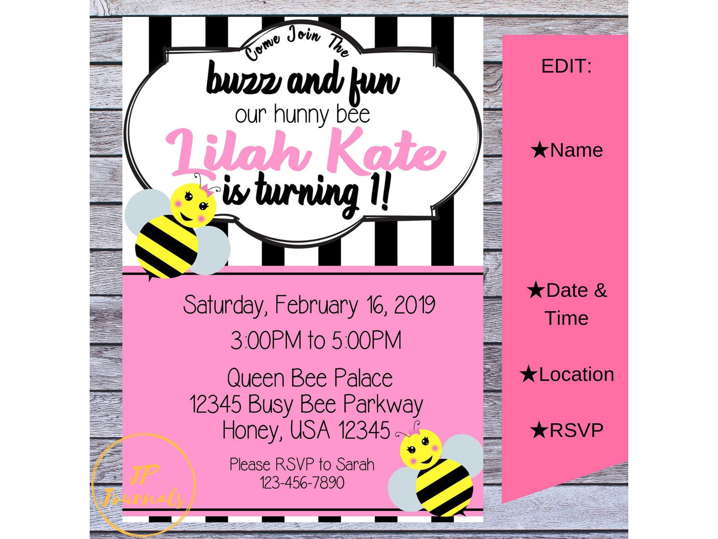 Baby Girl Hunny Bee First Birthday Party Invitation Printable
