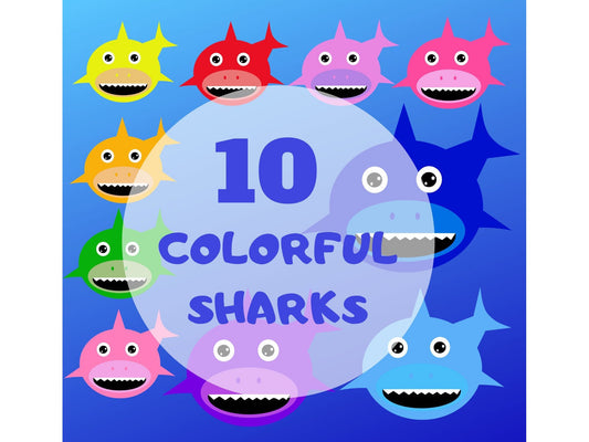Colorful Baby Sharks (Shark Family) Clip Art - PNG - *INSTANT DOWNLOAD* Cute Baby Shark Family Purple Pink Blue Green Red Yellow Orange