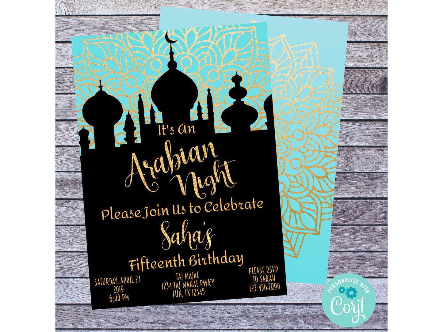 Teal and Gold Arabian Night Birthday Party Invitation 