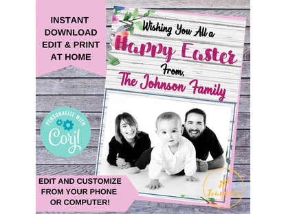Printable Happy Easter Card with Family Photo and Name - DIY Editable Customized - Download, Edit and Print at Home!  Add Your Own Photo