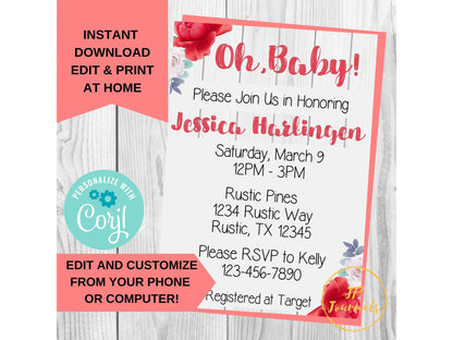 Rustic Chic Floral Baby Shower Invitation - Coral White Roses - DIY Editable Customized Printable Invite - Download, Edit and Print at Home!