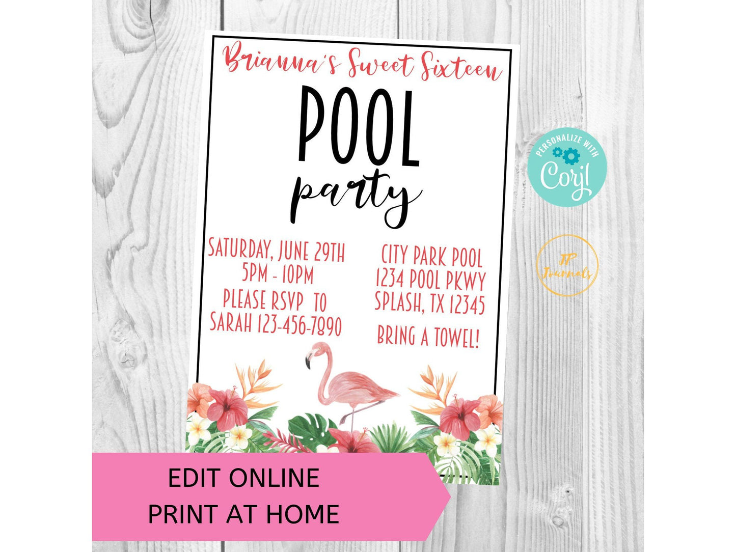 Flamingo Pool Party Invitation - DIY Edit Printable Invite